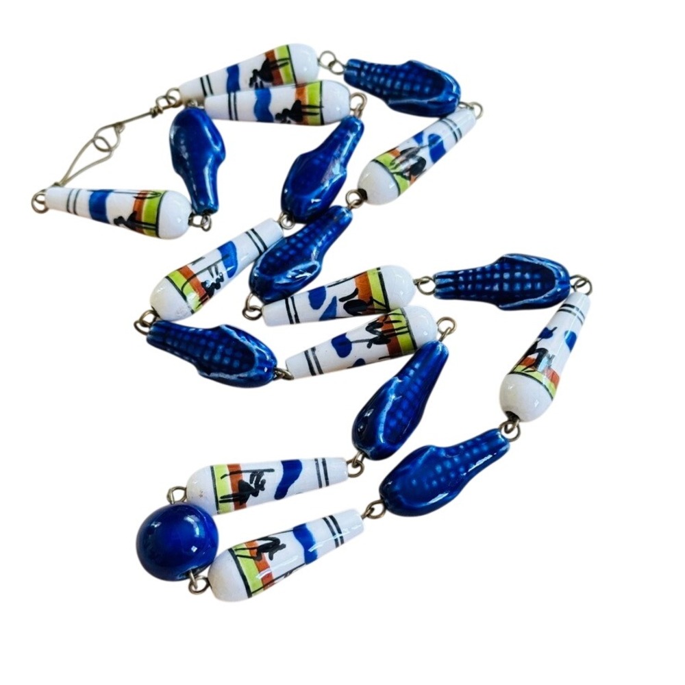VTG Clay Pottery Painted Beads‎ Folk Art Necklace Corn Husk Mexico BOHO Blue 26"